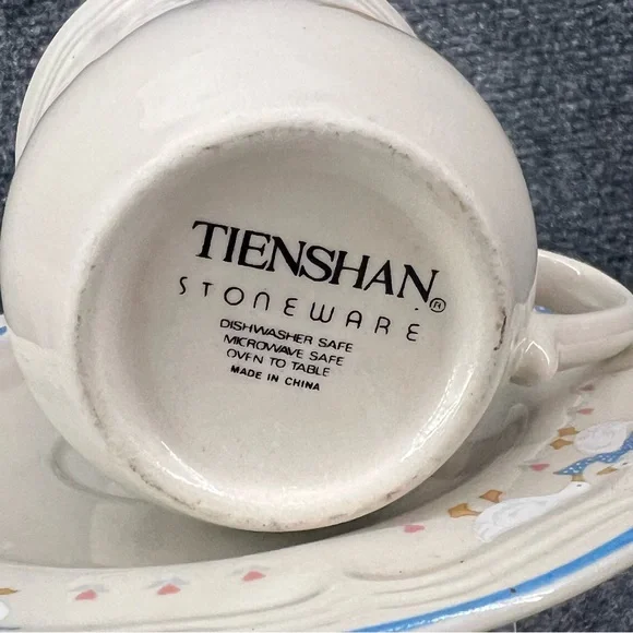 Aunt Rhody Blue Bow Country Goose Cup & Saucer Set of 3 Tienshan Stoneware - Picture 4 of 11